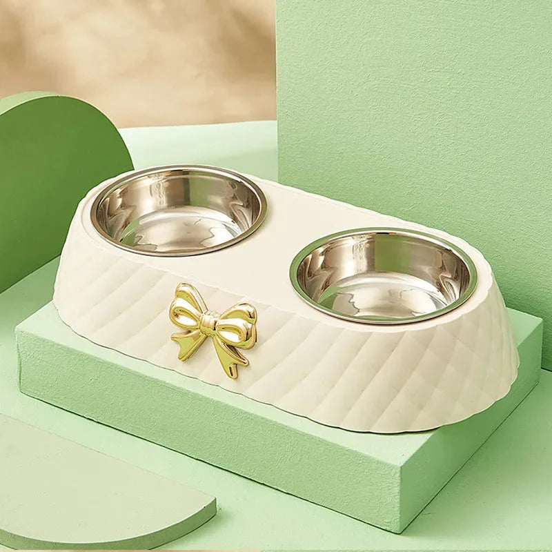 Elegant Stainless Steel Pet Bowl Set with Bow Tie Design – Durable and Stylish Feeding Solution