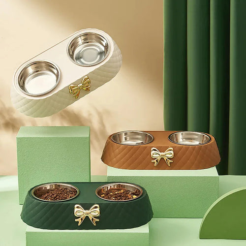 Elegant Stainless Steel Pet Bowl Set with Bow Tie Design – Durable and Stylish Feeding Solution
